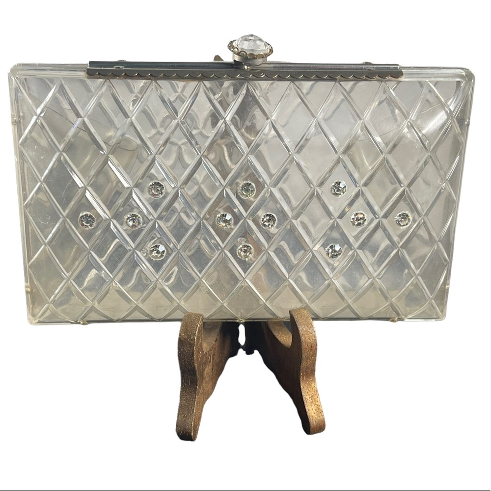 Vintage 1950s Lucite plastic rhinestone clutch purse